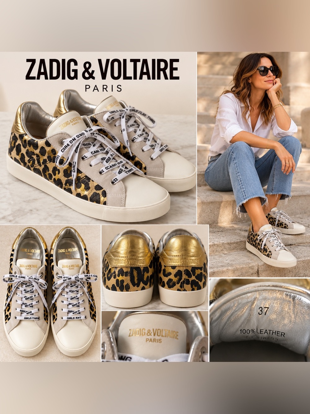 Zadig & Voltaire Leo Wild Gold Leopard Leather Sneakers — EU 37 / US 6.5